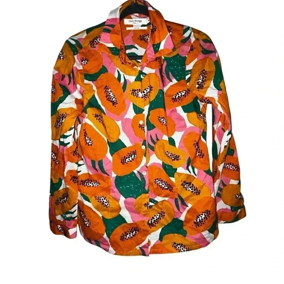 Nice Things orange tropical papaya print cotton blouse size 40/small - Picture 4 of 6